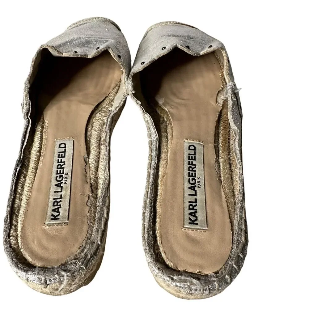 Karl Lagerfeld‎ Metallic Silver Espadrille Slides Slip on Shoes Women Size 7.5